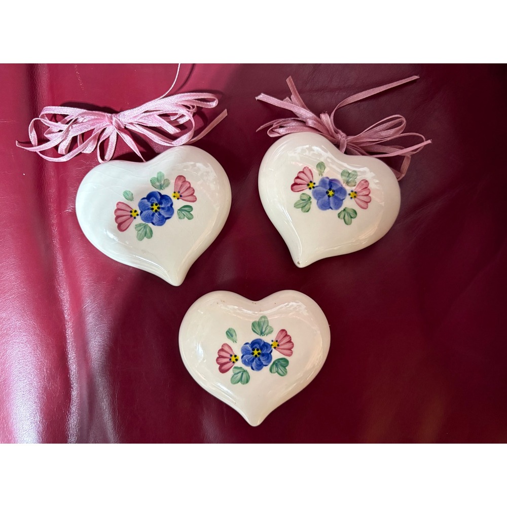Lasting Products‎ Inc Vintage Ceramic Heart Ornaments Hand Painted Floral Set 3